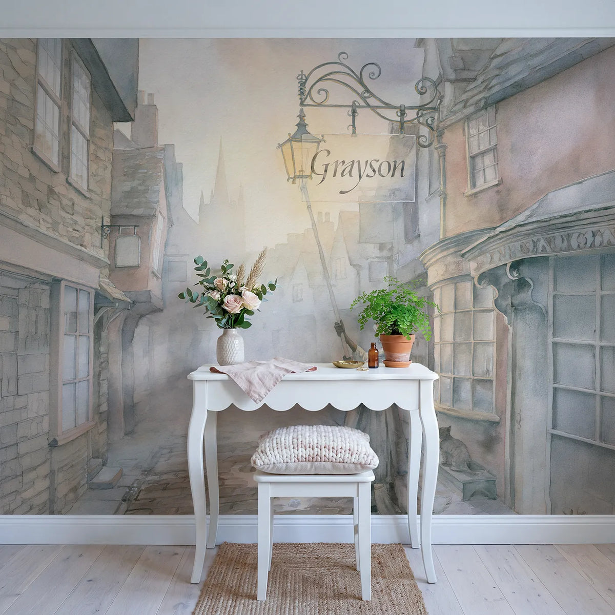 Misty Lane Lamplighter Personalized Wall Mural in playroom setting by Whimsy Tots