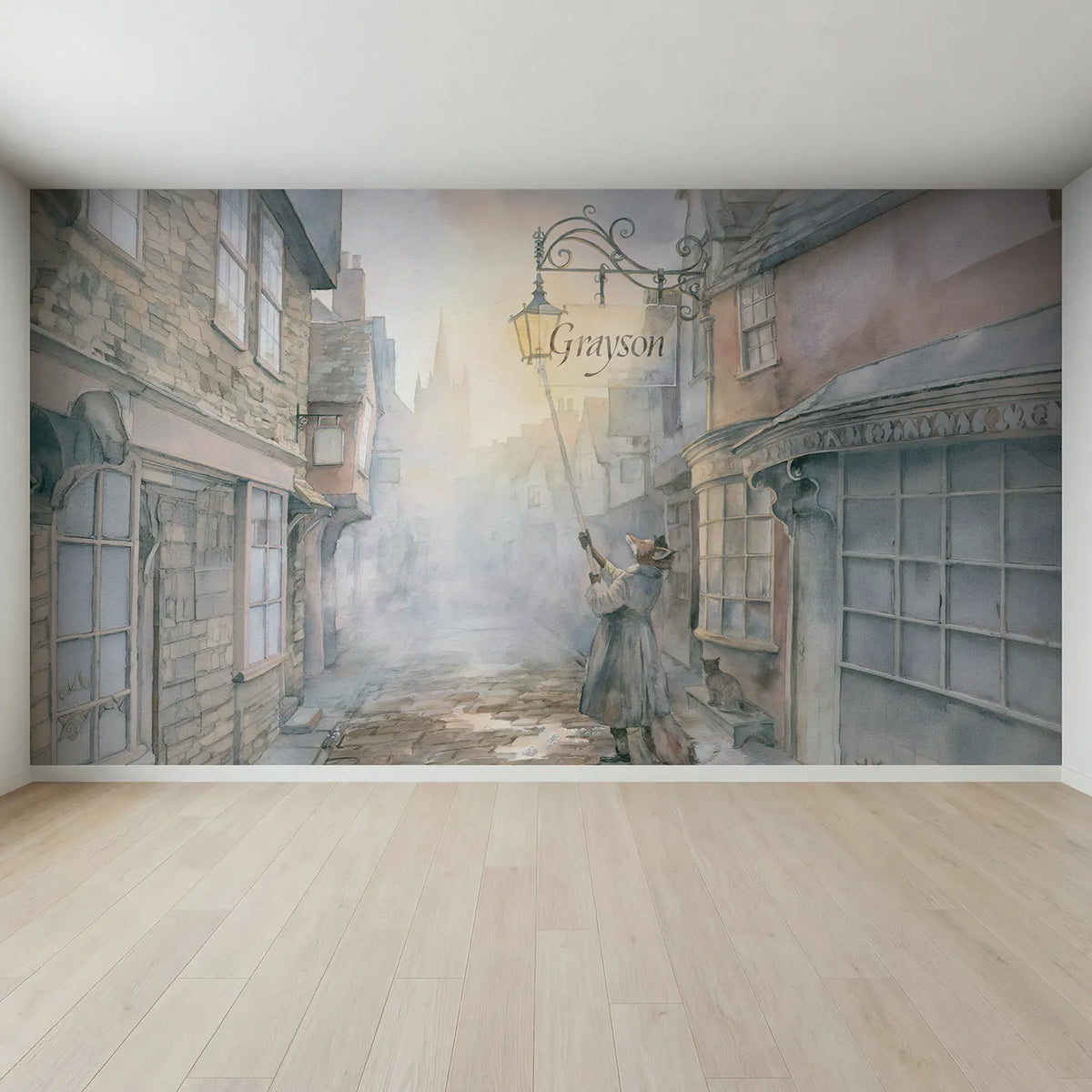 Full view of Misty Lane Lamplighter Personalized Wall Mural by Whimsy Tots