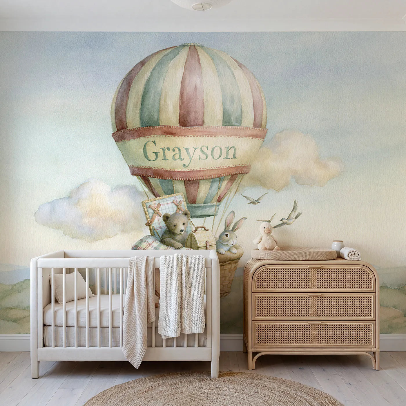 Storybook balloon picnic blanket personalized wall mural with woven edge band by Whimsy Tots