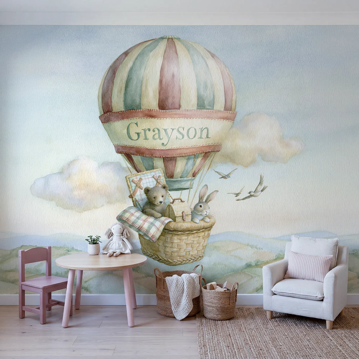 Balloon Picnic Blanket Personalized Wall Mural in playroom setting by Whimsy Tots