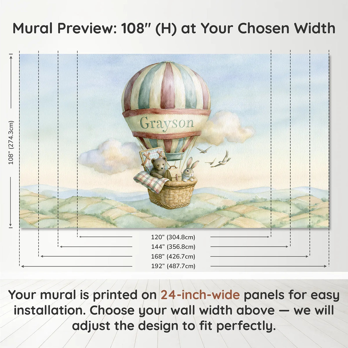 Panel layout and dimensions for Balloon Picnic Blanket Personalized Wall Mural by Whimsy Tots