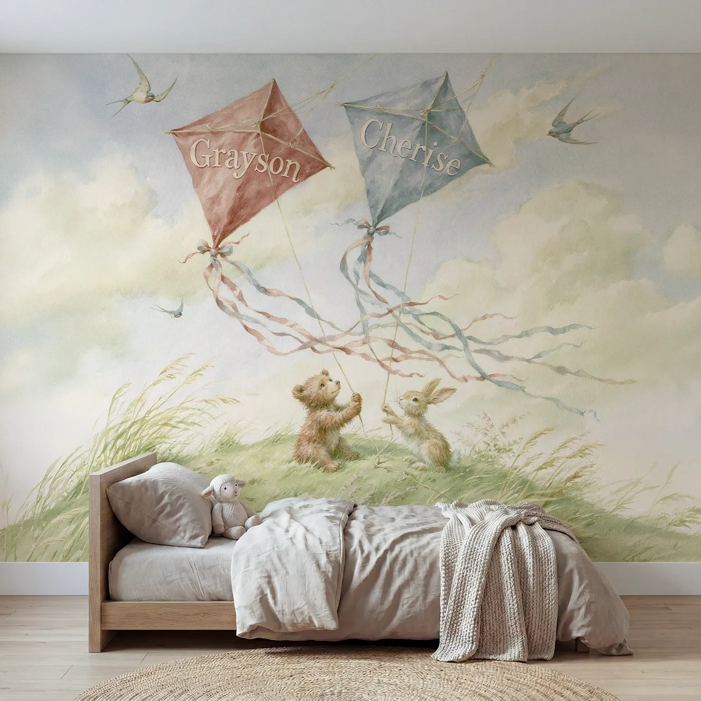 Storybook two paper kites personalized wall mural with painted kite faces by Whimsy Tots