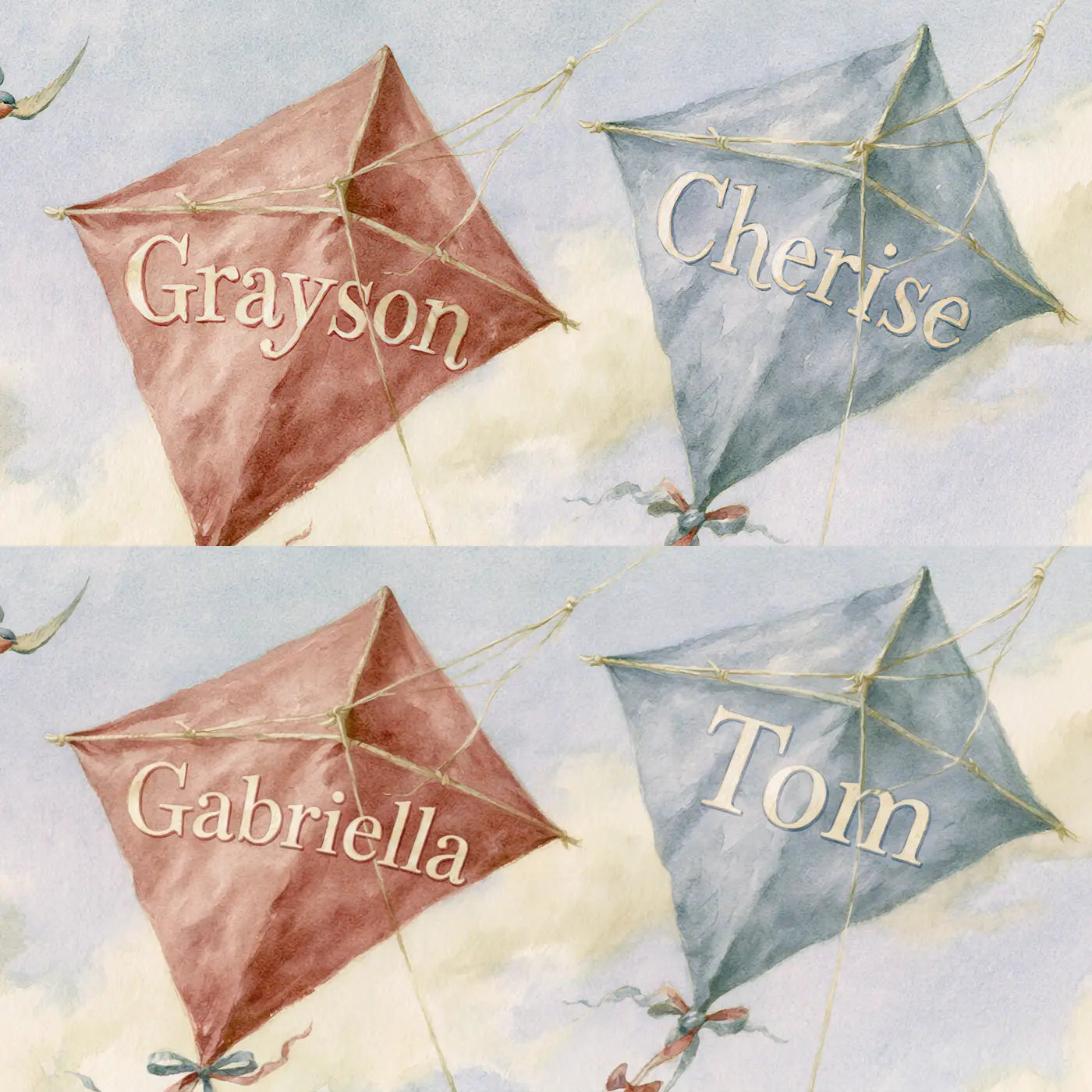 Four name preview examples of Two Paper Kites Personalized Wall Mural by Whimsy Tots