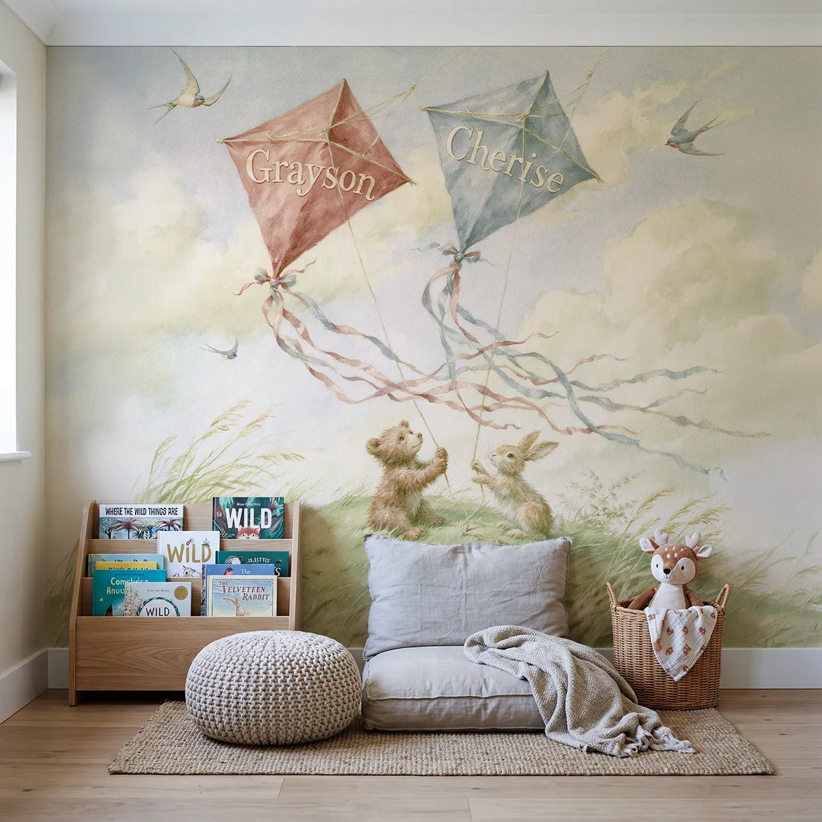 Two Paper Kites Personalized Wall Mural in playroom setting by Whimsy Tots