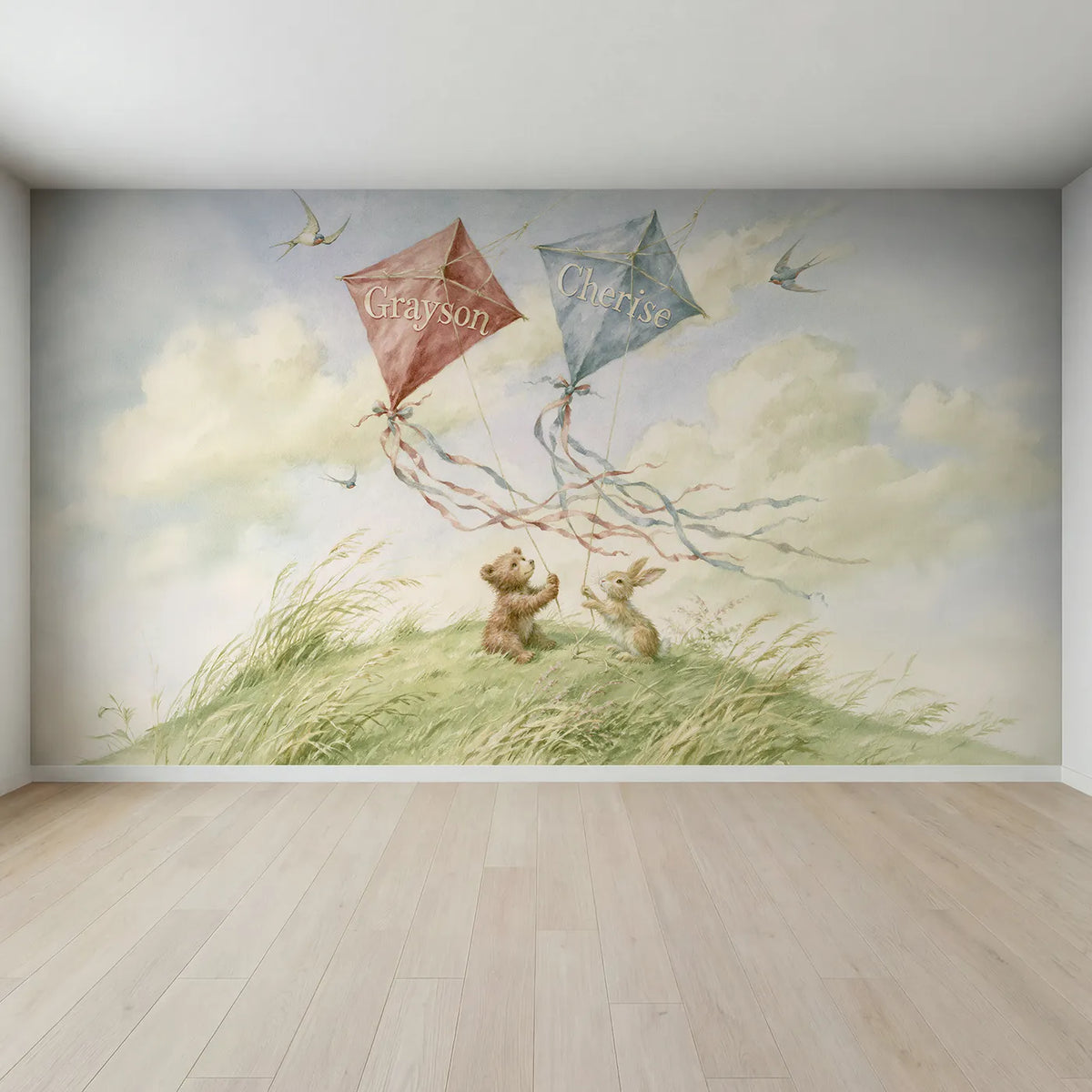 Full view of Two Paper Kites Personalized Wall Mural by Whimsy Tots