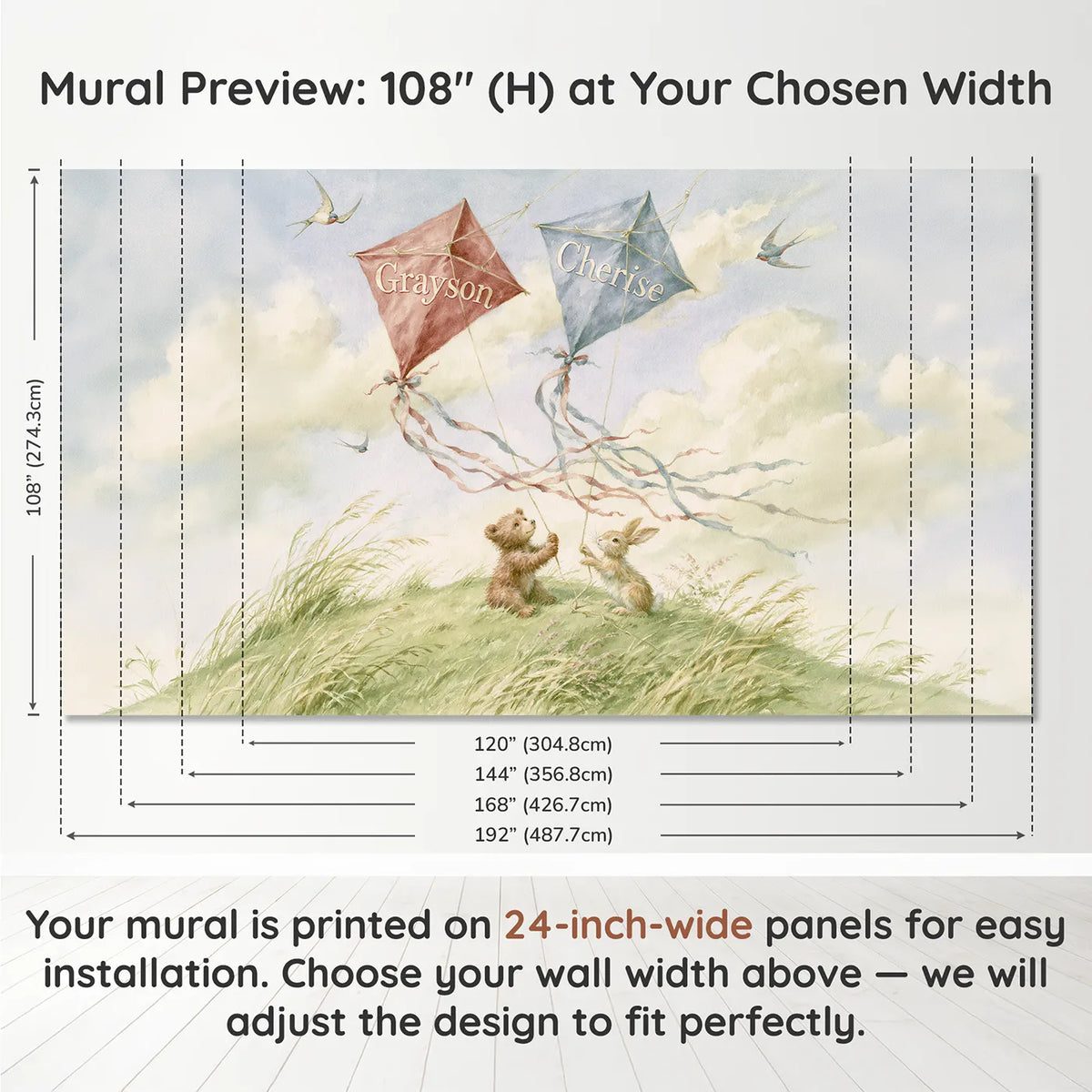 Panel layout and dimensions for Two Paper Kites Personalized Wall Mural by Whimsy Tots