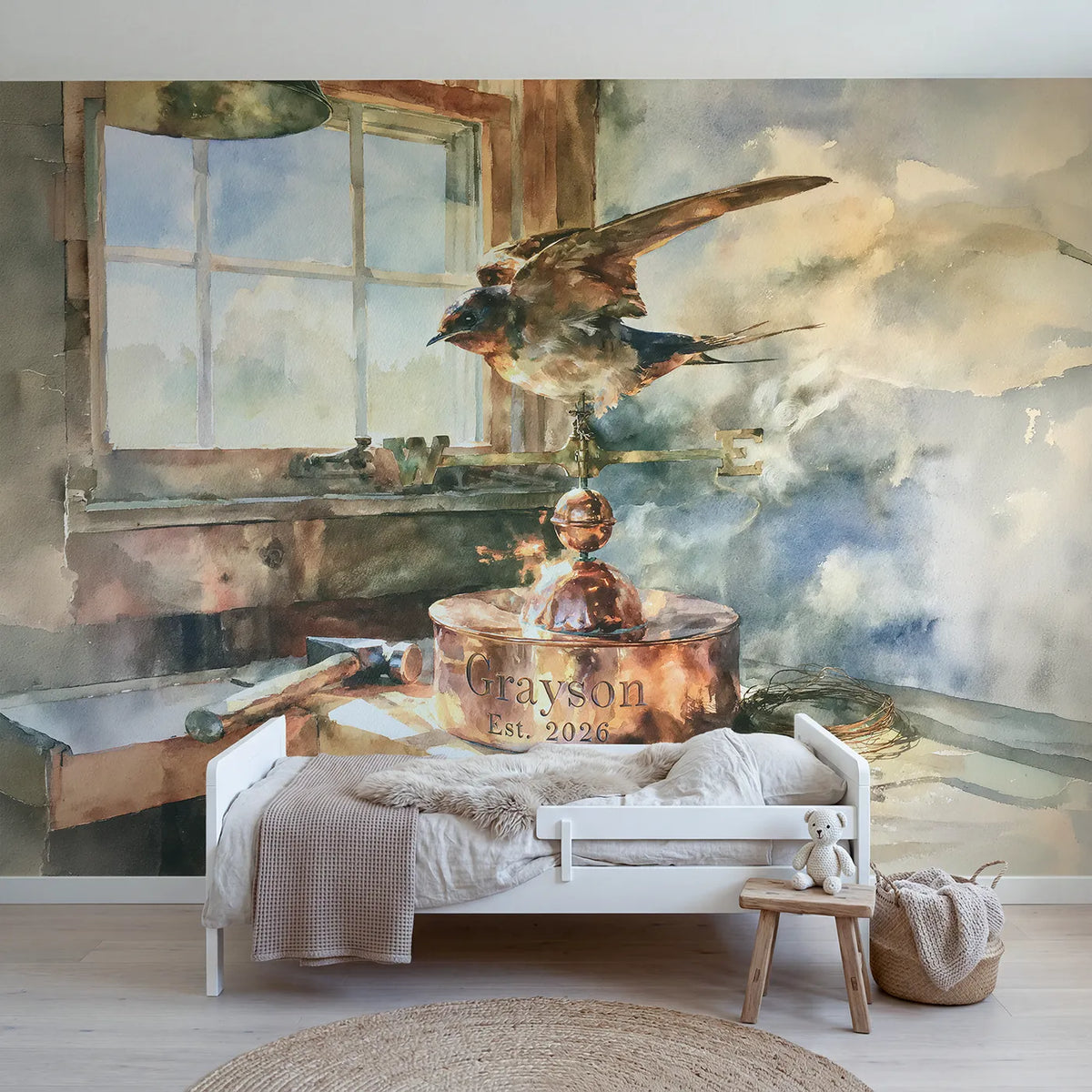 Watercolor copper weather vane personalized wall mural with engraved base ring by Whimsy Tots
