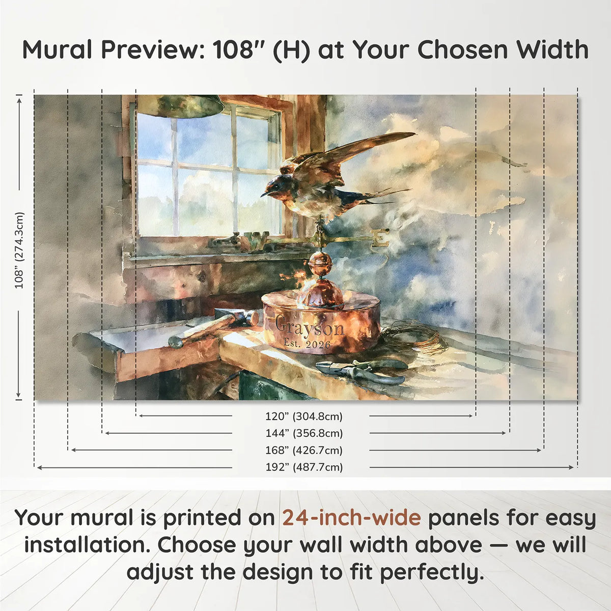 Panel layout and dimensions for Weather Vane Keepsake Personalized Wall Mural by Whimsy Tots