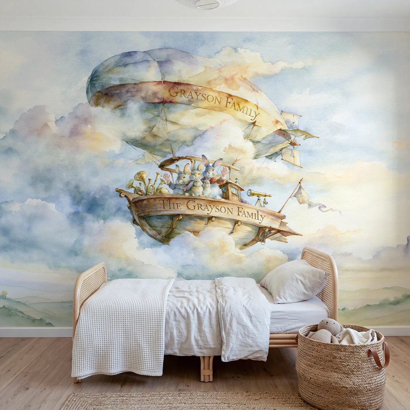 Watercolor family airship gondola personalized wall mural with carved gilded rail by Whimsy Tots