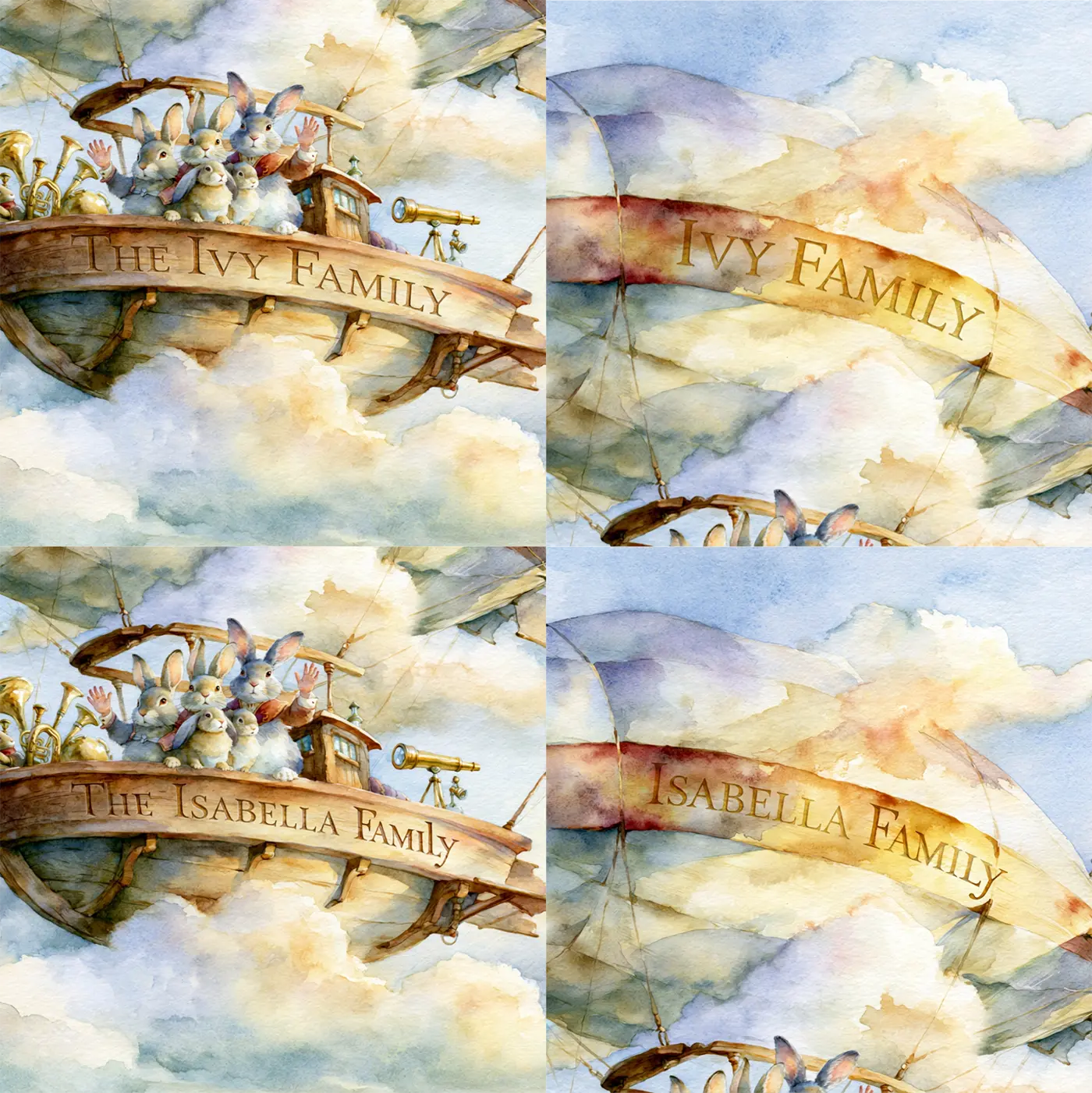 Four name preview examples of Family Airship Gondola Personalized Wall Mural by Whimsy Tots