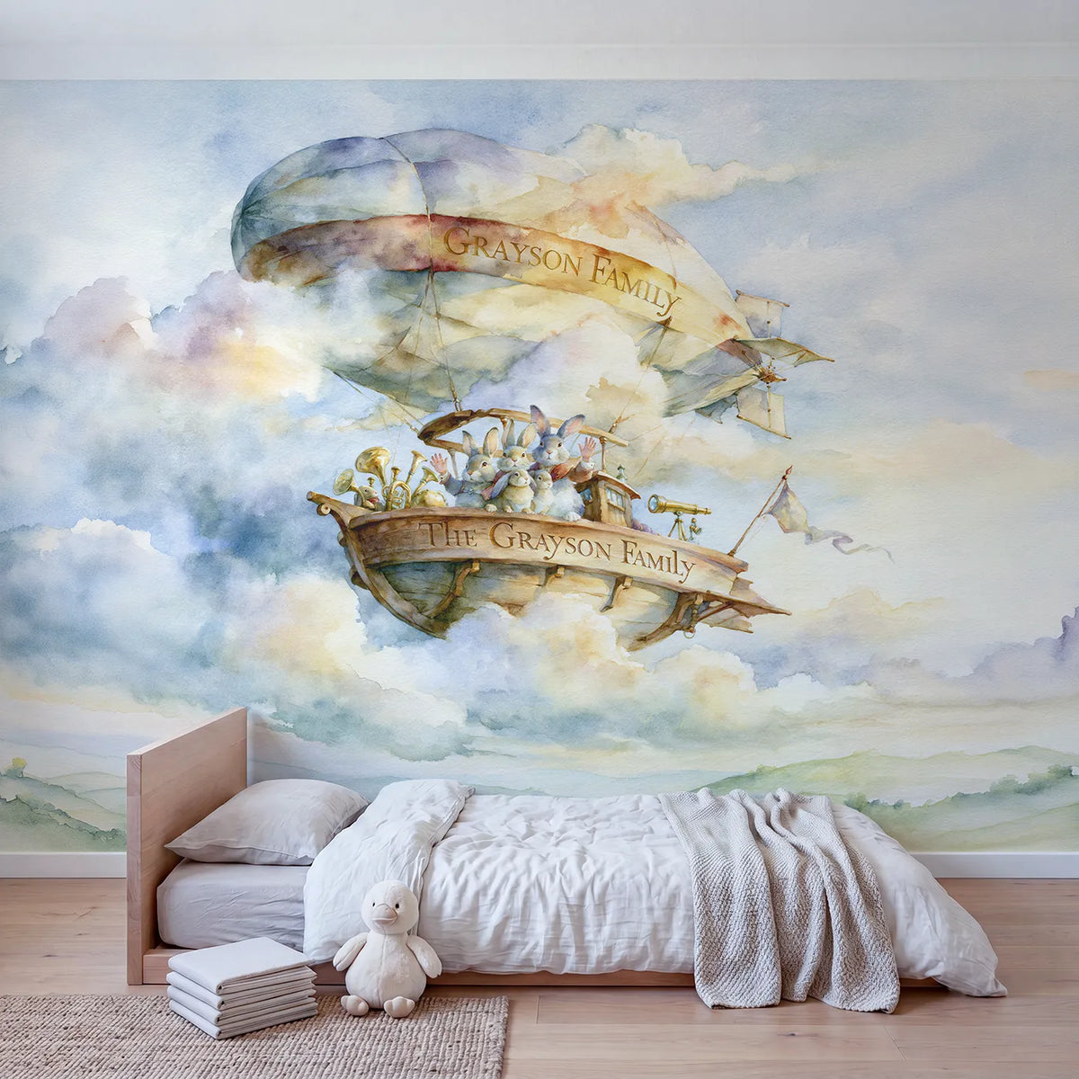 Family Airship Gondola Personalized Wall Mural in playroom setting by Whimsy Tots
