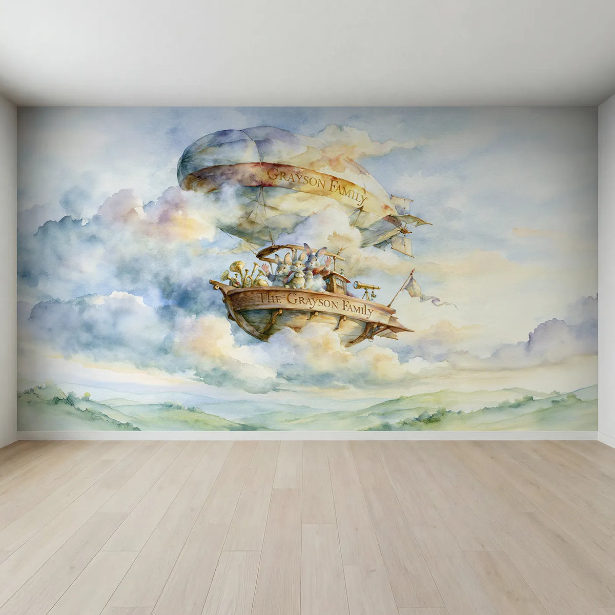 Full view of Family Airship Gondola Personalized Wall Mural by Whimsy Tots