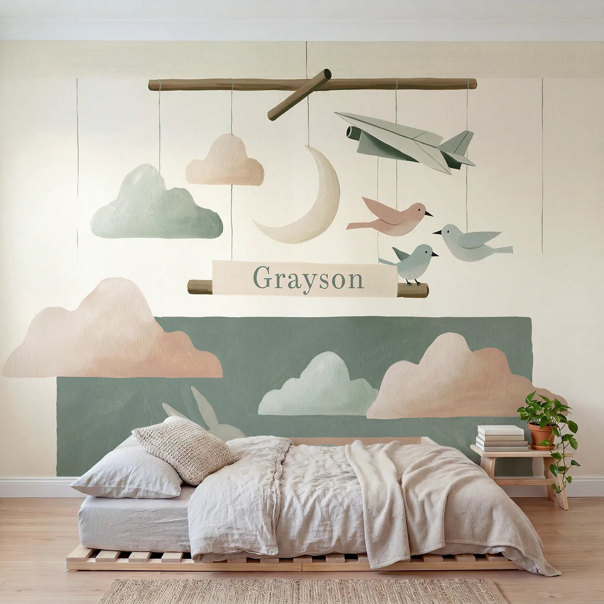 Modern illustration cloud mobile personalized wall mural with painted crossbar band by Whimsy Tots