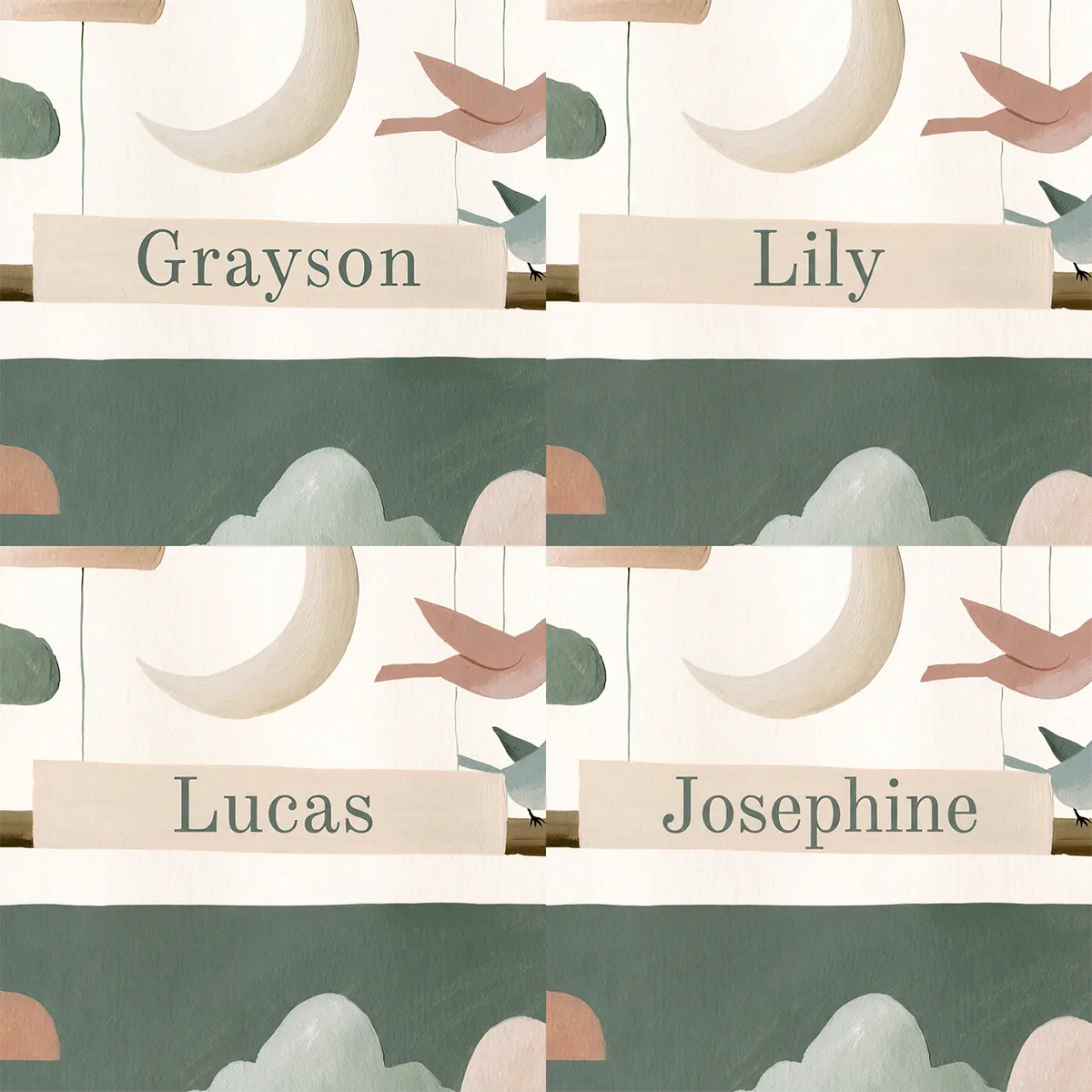 Four name preview examples of Flat Cloud Mobile Personalized Wall Mural by Whimsy Tots