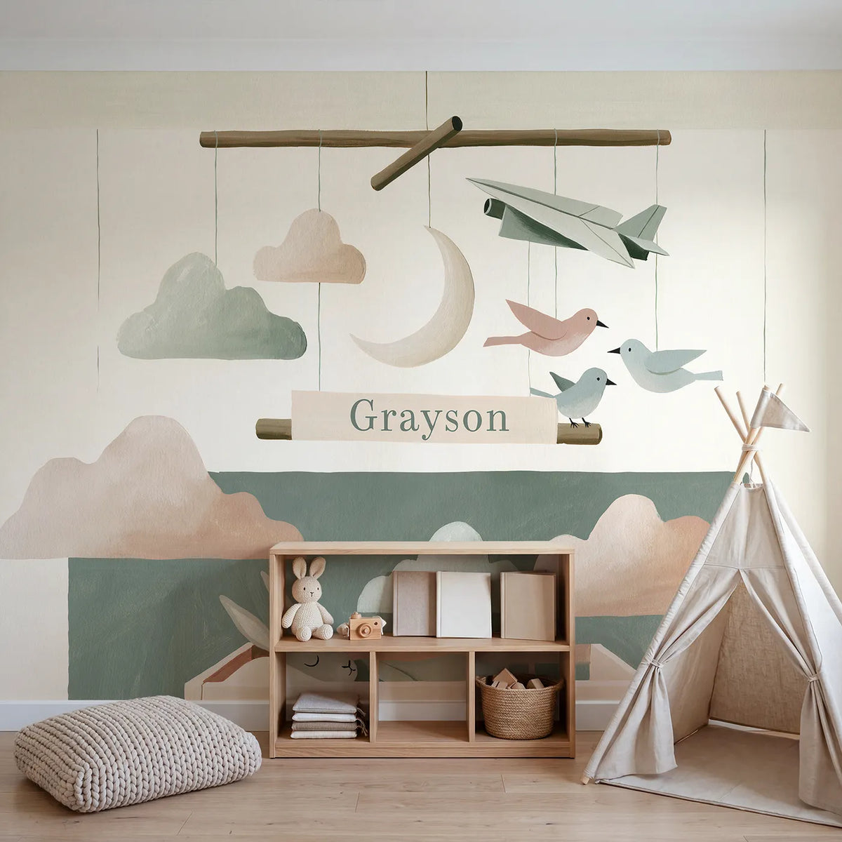 Flat Cloud Mobile Personalized Wall Mural in playroom setting by Whimsy Tots
