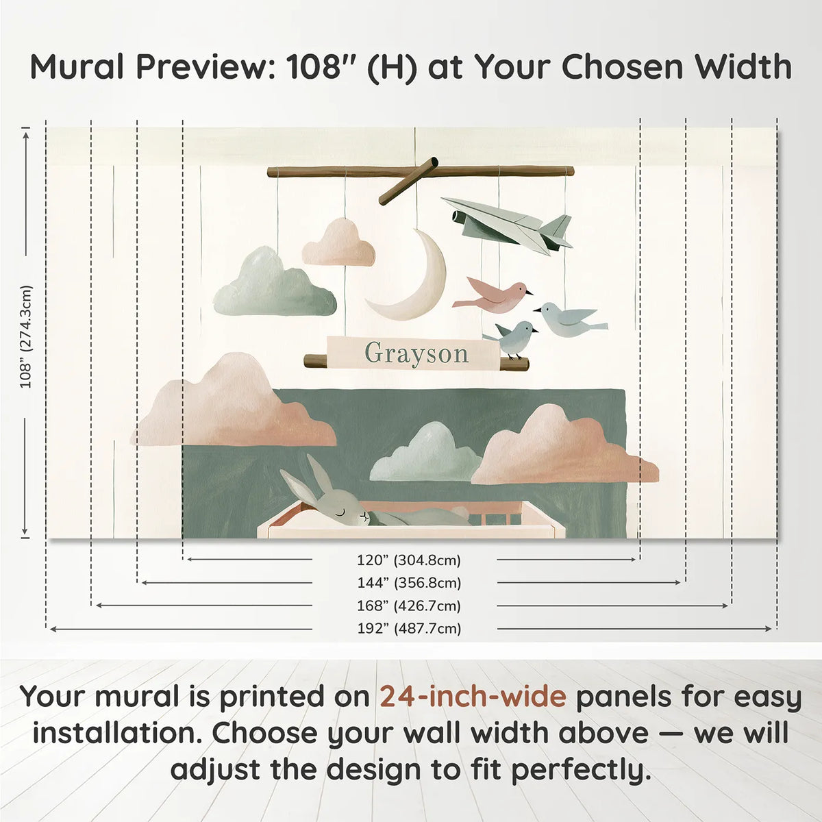 Panel layout and dimensions for Flat Cloud Mobile Personalized Wall Mural by Whimsy Tots