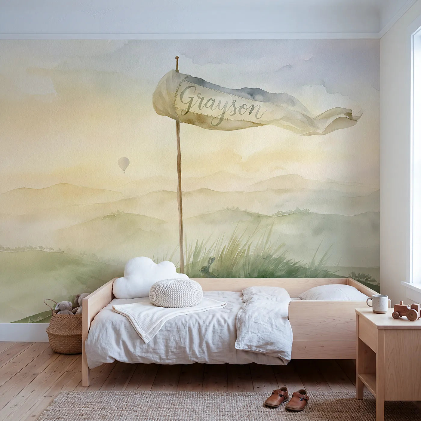 Watercolor misty hilltop windsock personalized wall mural with stitched mouth band by Whimsy Tots
