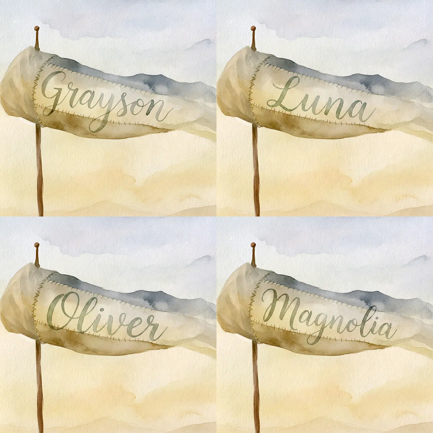 Four name preview examples of Misty Hilltop Windsock Personalized Wall Mural by Whimsy Tots