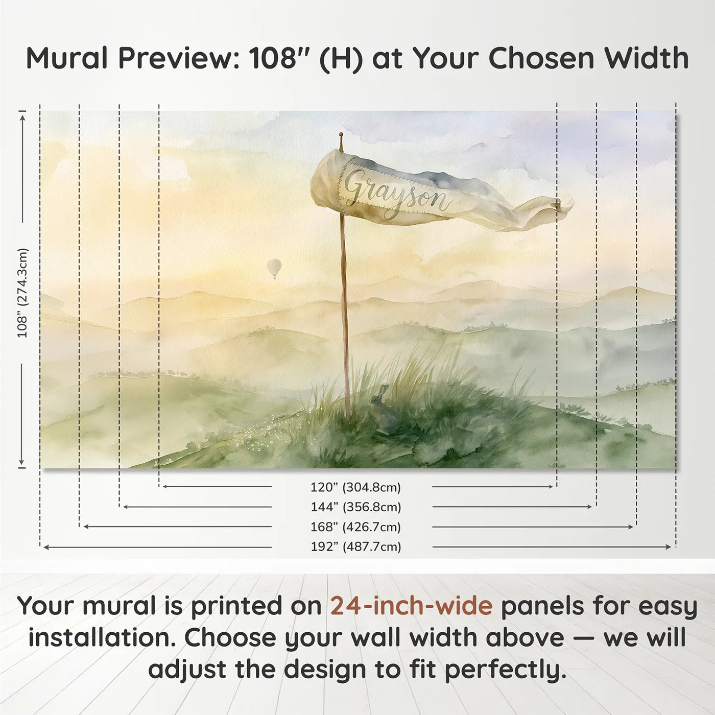 Panel layout and dimensions for Misty Hilltop Windsock Personalized Wall Mural by Whimsy Tots