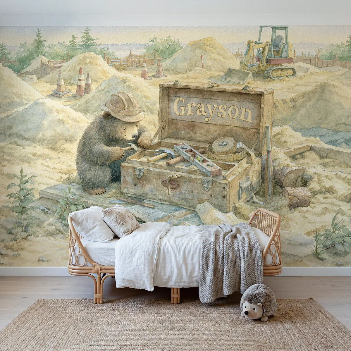 Storybook builders toolbox personalized wall mural with stencilled side panel by Whimsy Tots