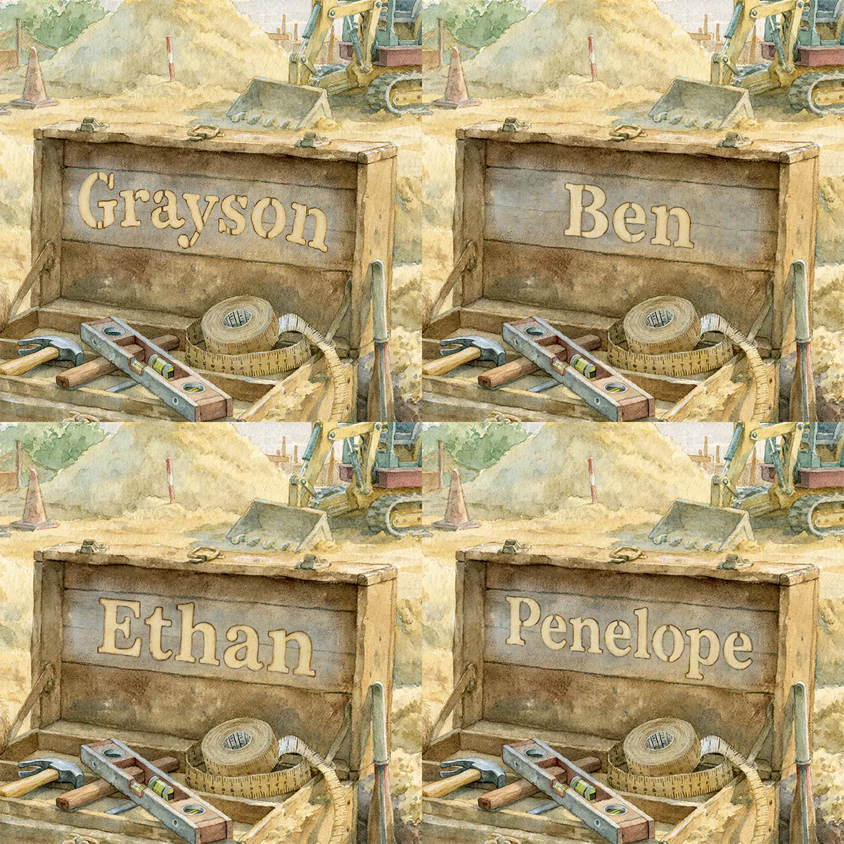 Four name preview examples of Builders Toolbox Personalized Wall Mural by Whimsy Tots
