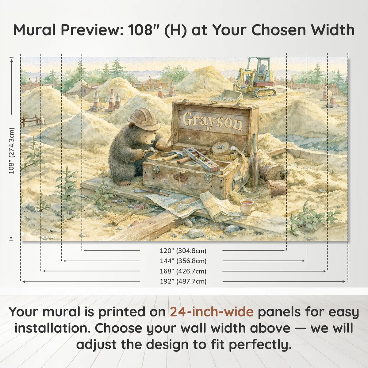 Panel layout and dimensions for Builders Toolbox Personalized Wall Mural by Whimsy Tots