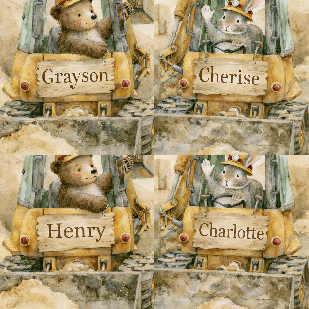 Four name preview examples of Two Little Diggers Personalized Wall Mural by Whimsy Tots