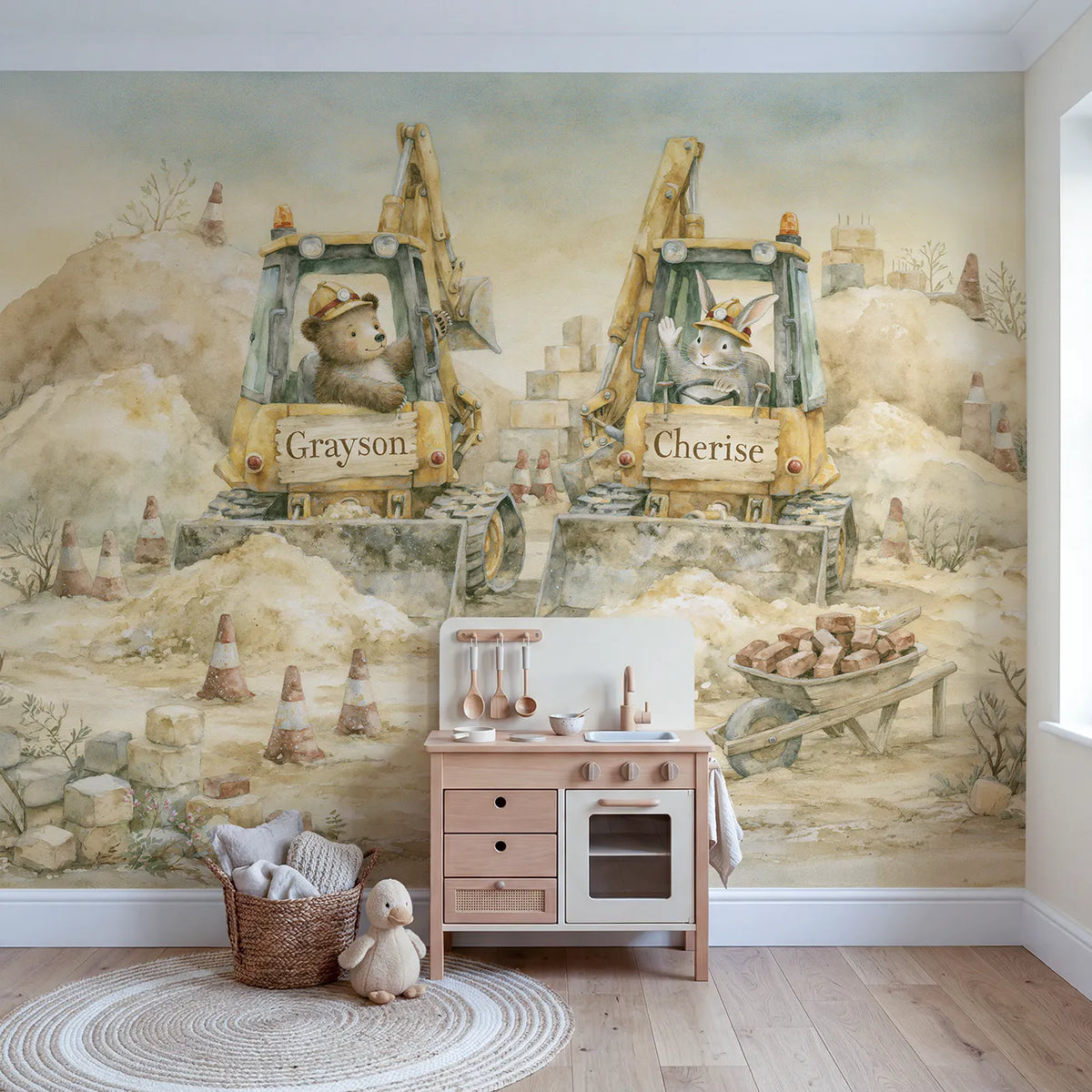 Two Little Diggers Personalized Wall Mural in playroom setting by Whimsy Tots