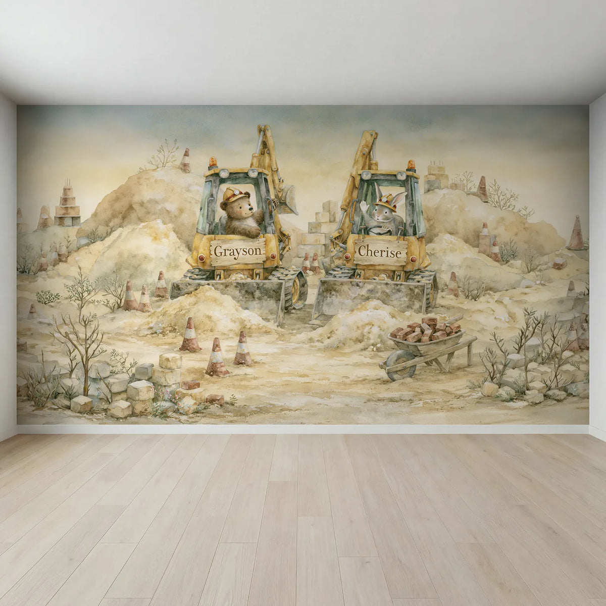Full view of Two Little Diggers Personalized Wall Mural by Whimsy Tots