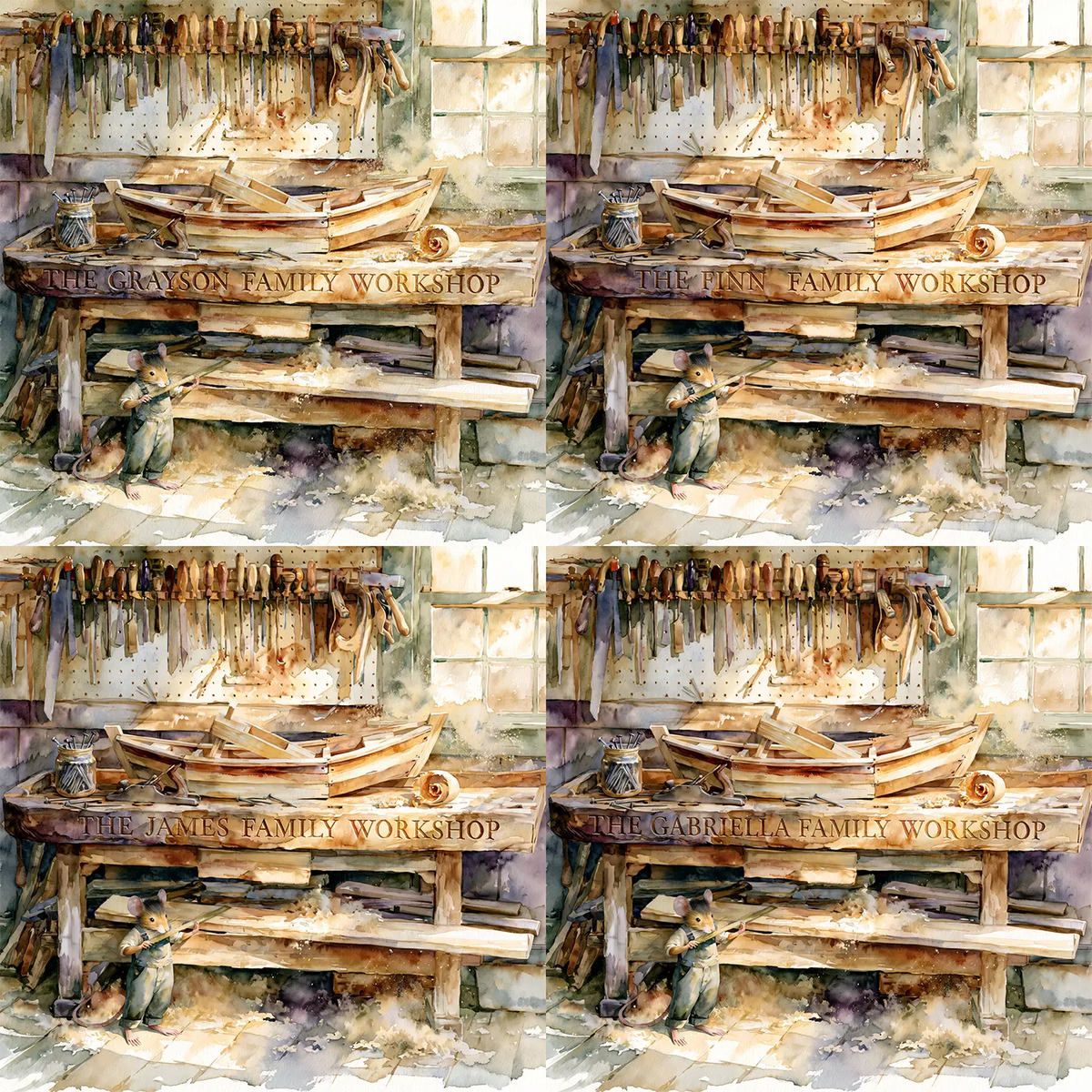 Four name preview examples of Family Tool Wall Personalized Wall Mural by Whimsy Tots