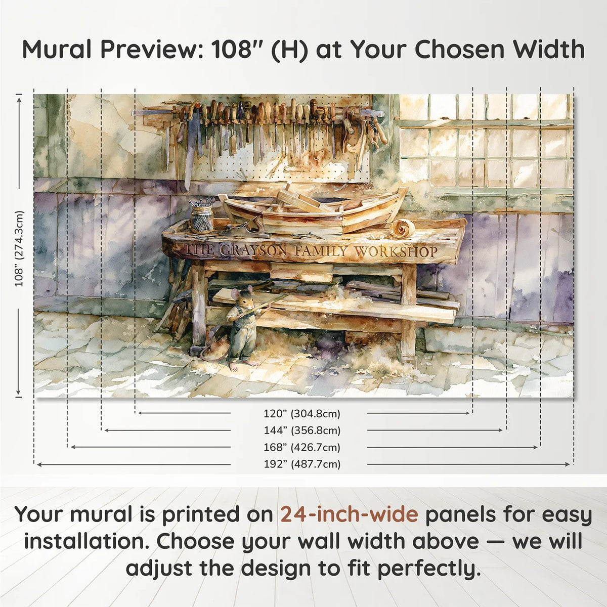 Panel layout and dimensions for Family Tool Wall Personalized Wall Mural by Whimsy Tots