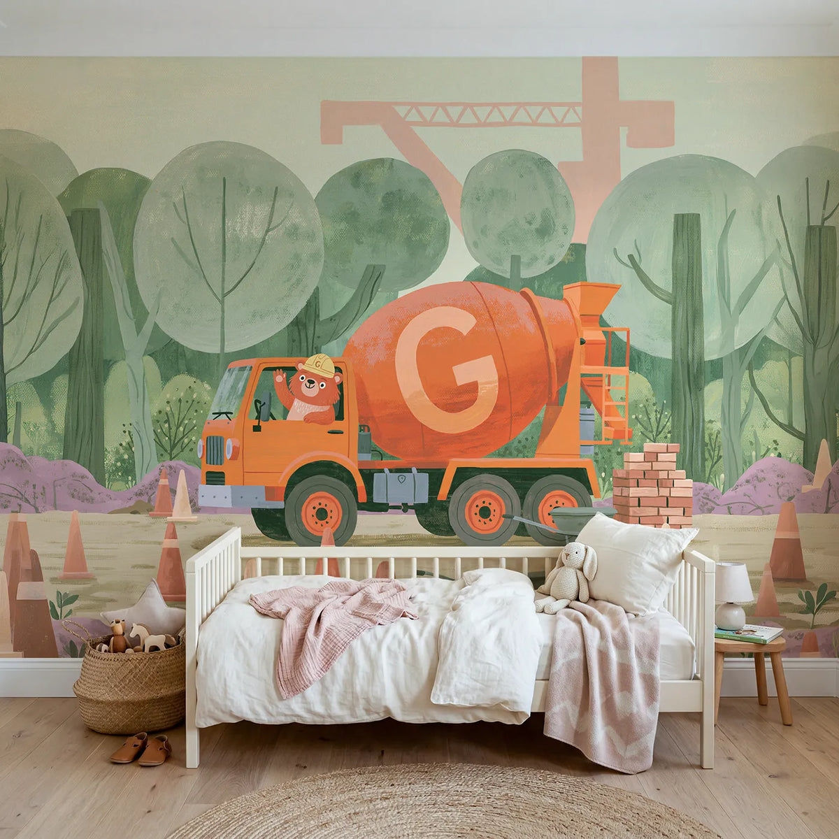 Modern illustration cement mixer personalized wall mural with painted drum initial by Whimsy Tots