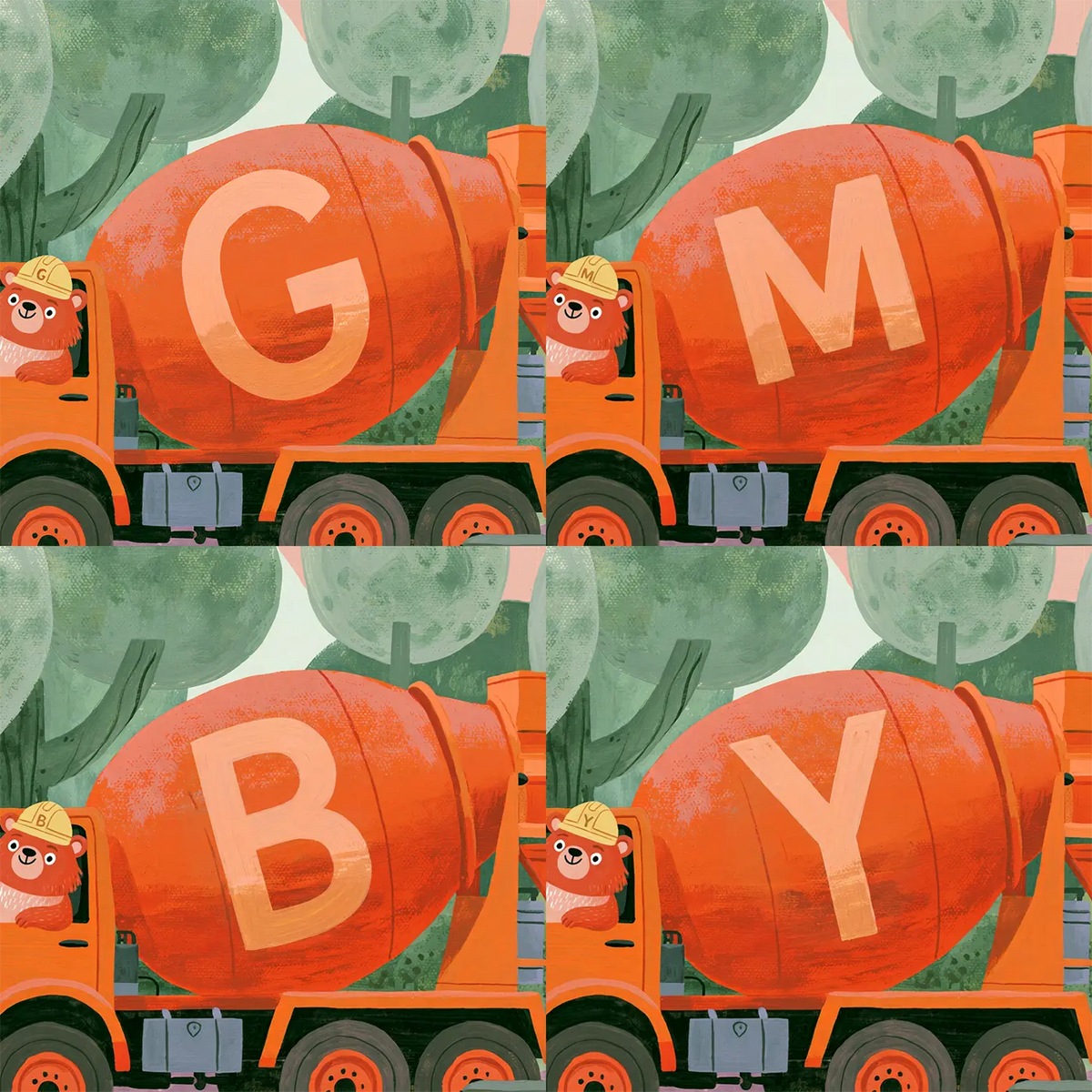 Four name preview examples of Flat Cement Mixer Personalized Wall Mural by Whimsy Tots
