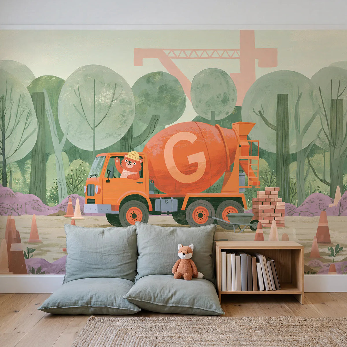 Flat Cement Mixer Personalized Wall Mural in playroom setting by Whimsy Tots