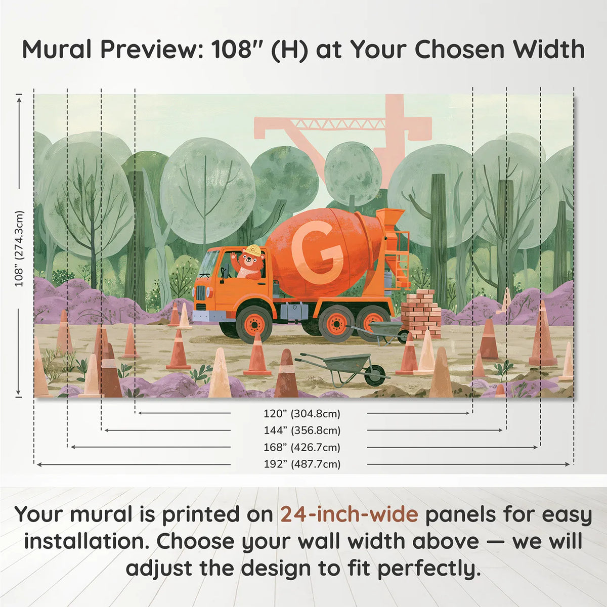 Panel layout and dimensions for Flat Cement Mixer Personalized Wall Mural by Whimsy Tots