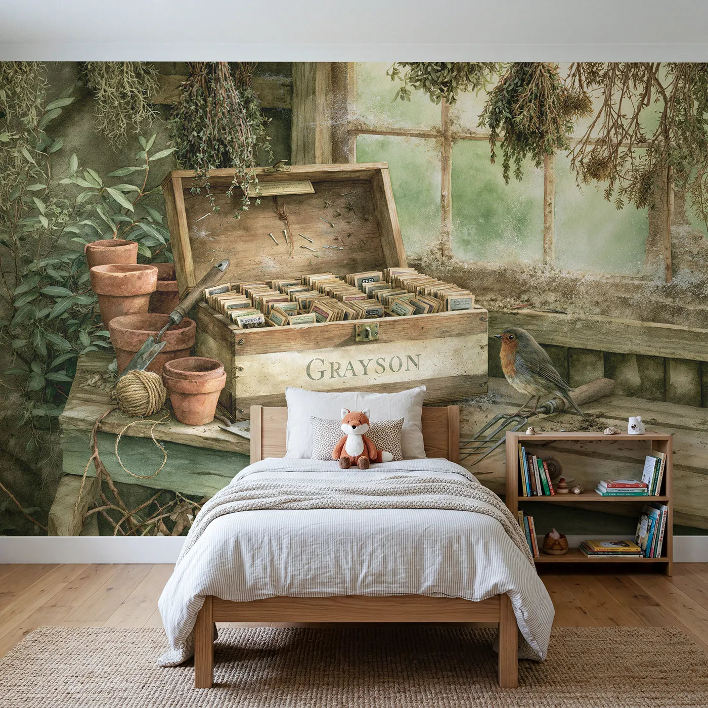 Storybook garden seed box personalized wall mural with stencilled front panel by Whimsy Tots