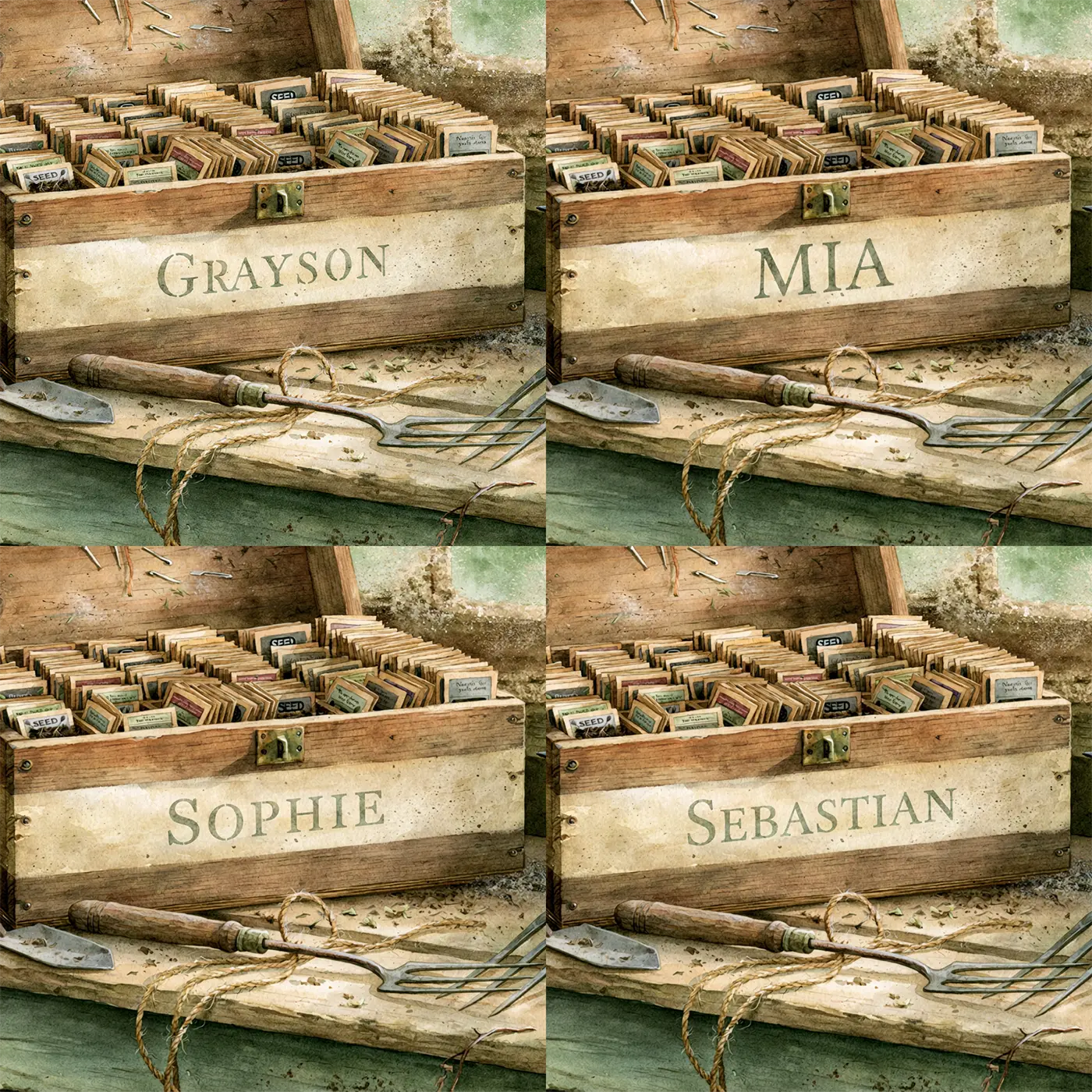 Four name preview examples of Seed Packet Box Personalized Wall Mural by Whimsy Tots