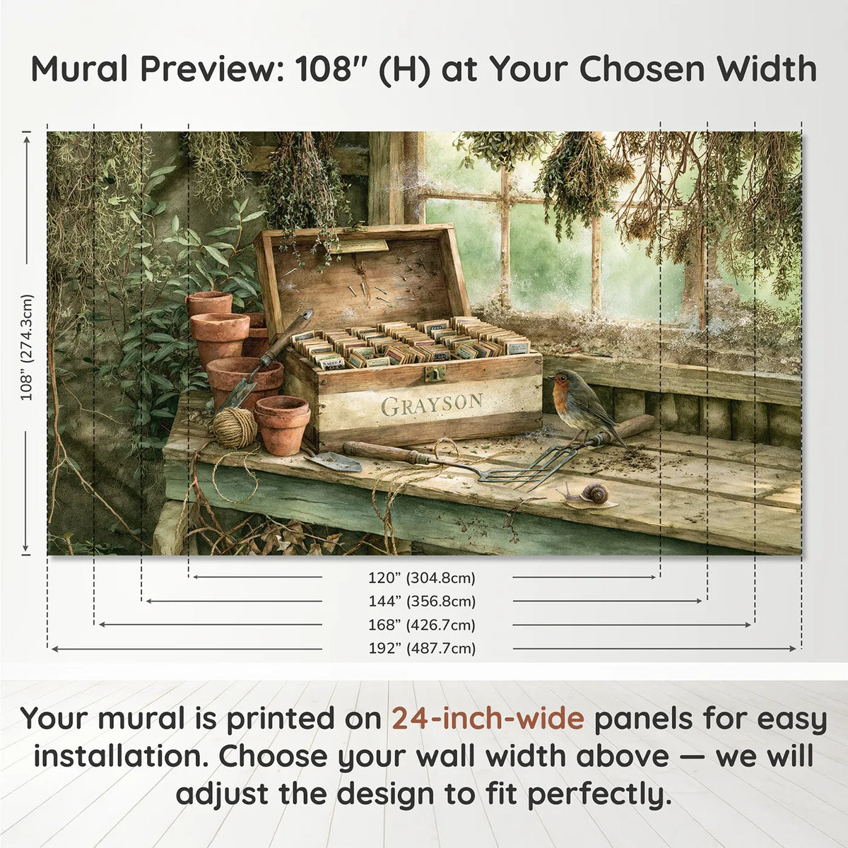 Panel layout and dimensions for Seed Packet Box Personalized Wall Mural by Whimsy Tots