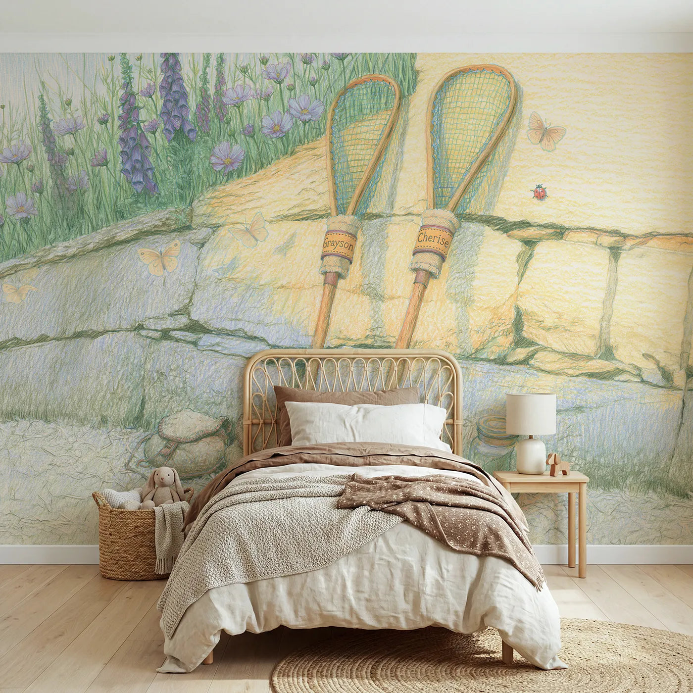 Colored pencil two butterfly nets personalized wall mural with tooled handle bands by Whimsy Tots