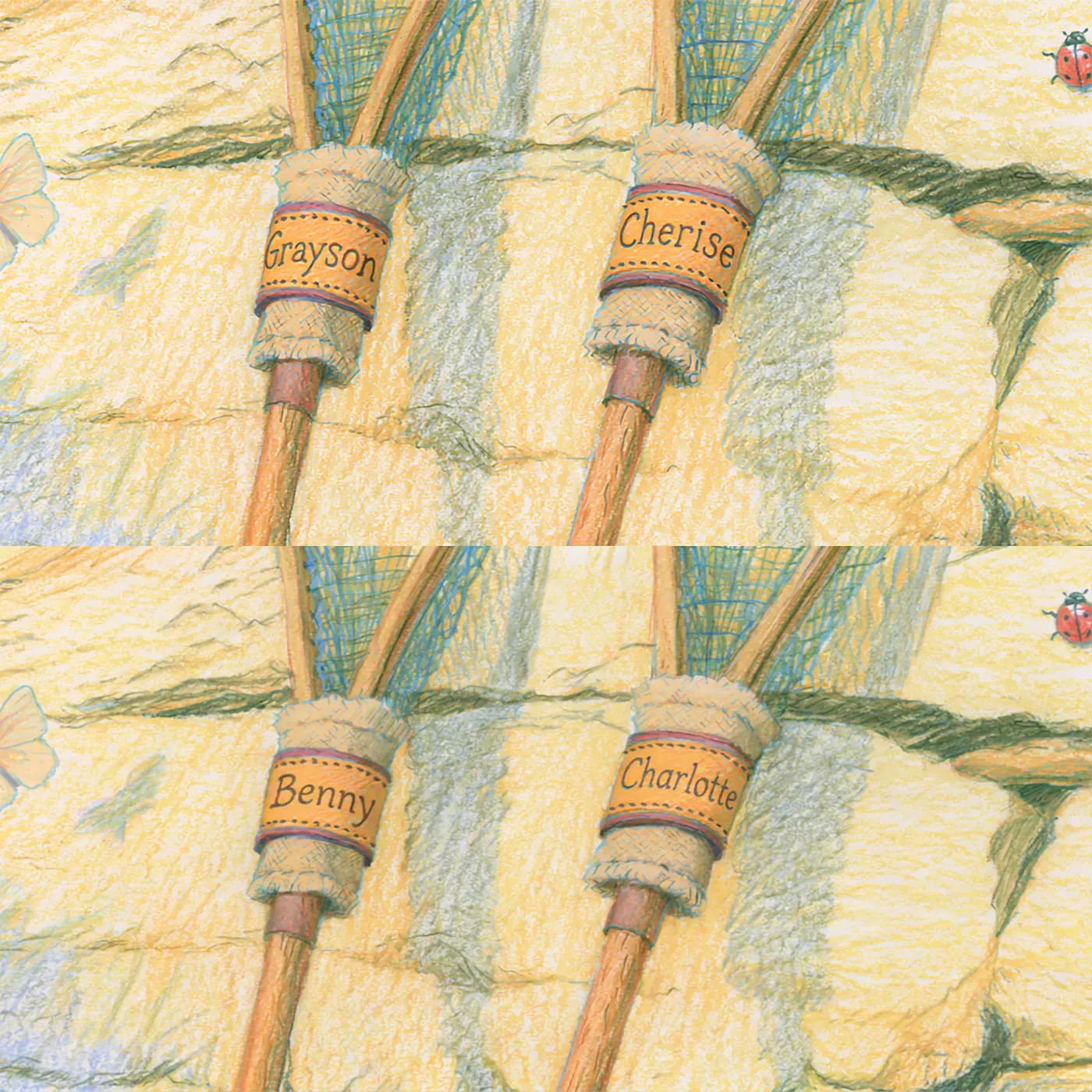 Four name preview examples of Two Butterfly Nets Personalized Wall Mural by Whimsy Tots