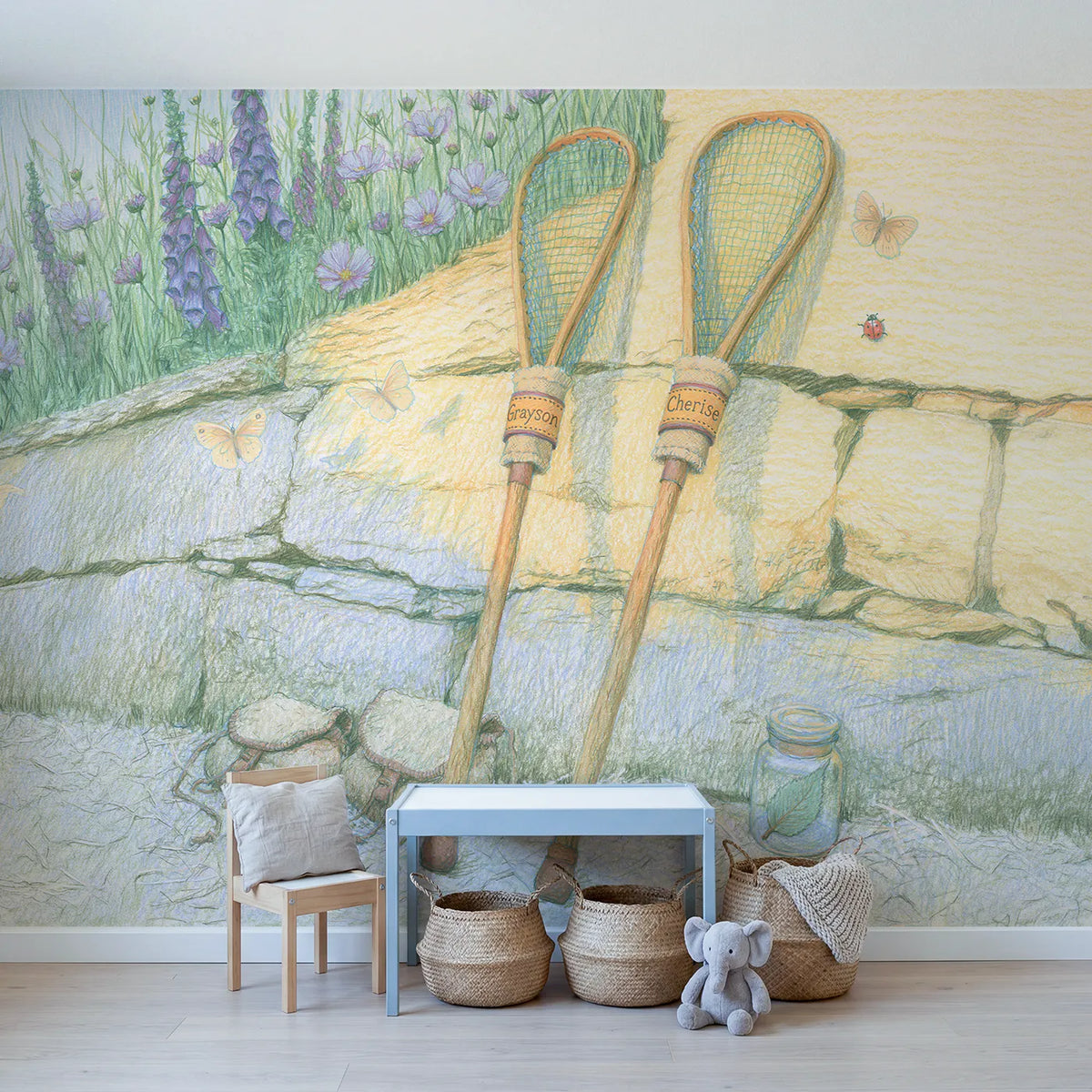 Two Butterfly Nets Personalized Wall Mural in playroom setting by Whimsy Tots