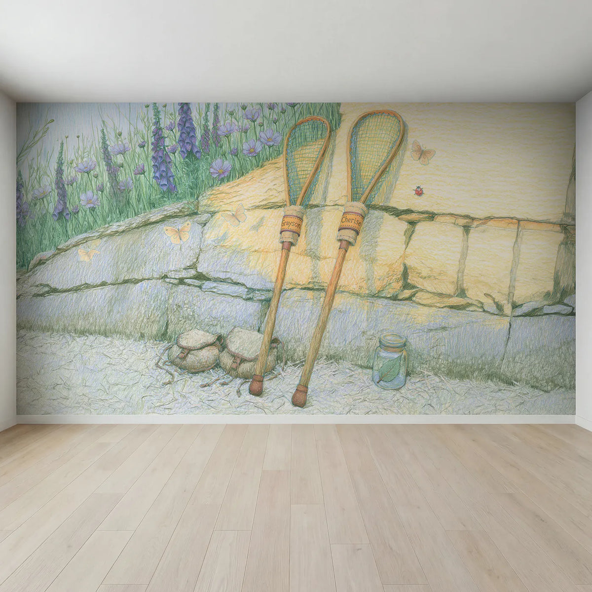 Full view of Two Butterfly Nets Personalized Wall Mural by Whimsy Tots