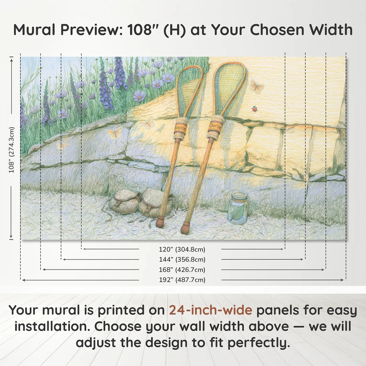 Panel layout and dimensions for Two Butterfly Nets Personalized Wall Mural by Whimsy Tots