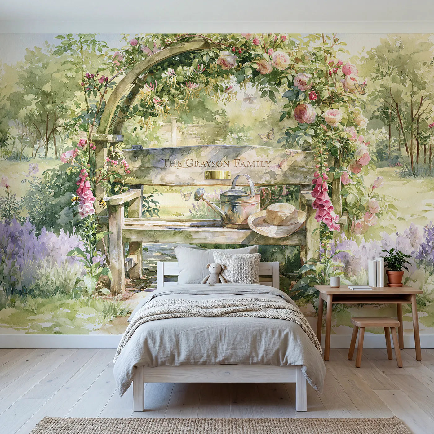 Watercolor family garden bench personalized wall mural with engraved brass plate by Whimsy Tots