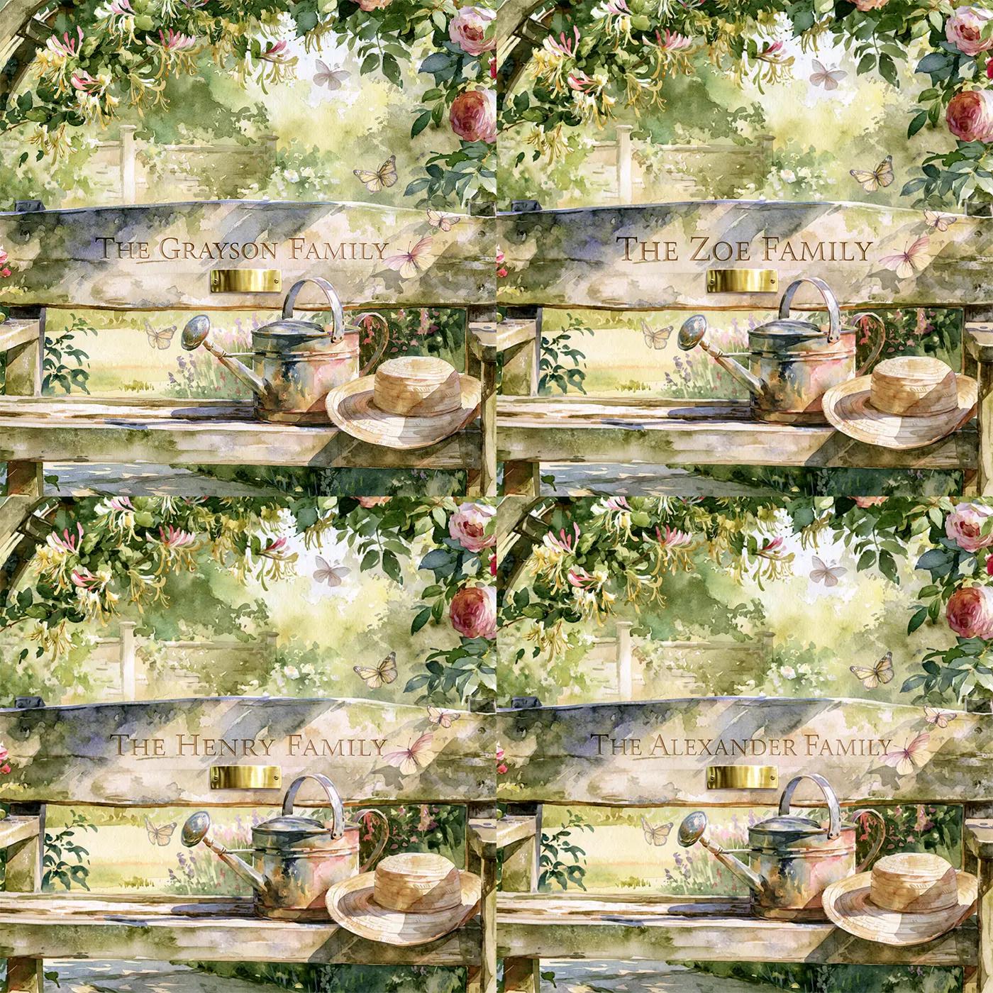 Four name preview examples of Family Garden Bench Personalized Wall Mural by Whimsy Tots