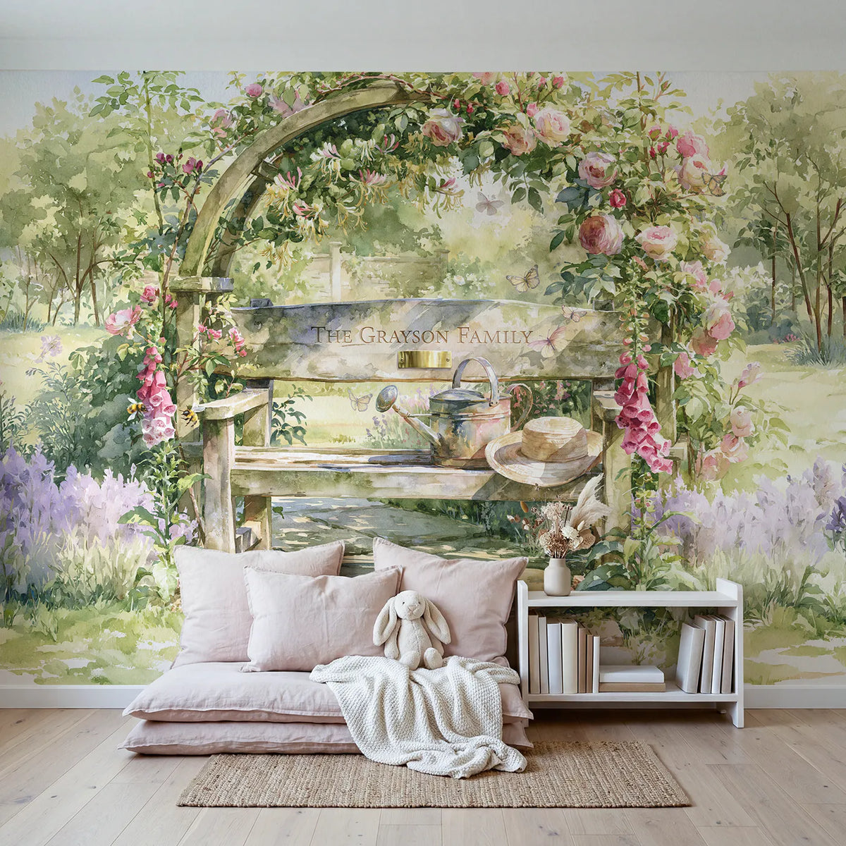 Family Garden Bench Personalized Wall Mural in playroom setting by Whimsy Tots