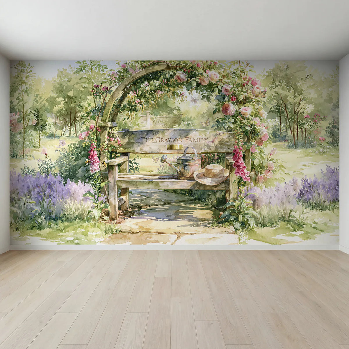 Full view of Family Garden Bench Personalized Wall Mural by Whimsy Tots