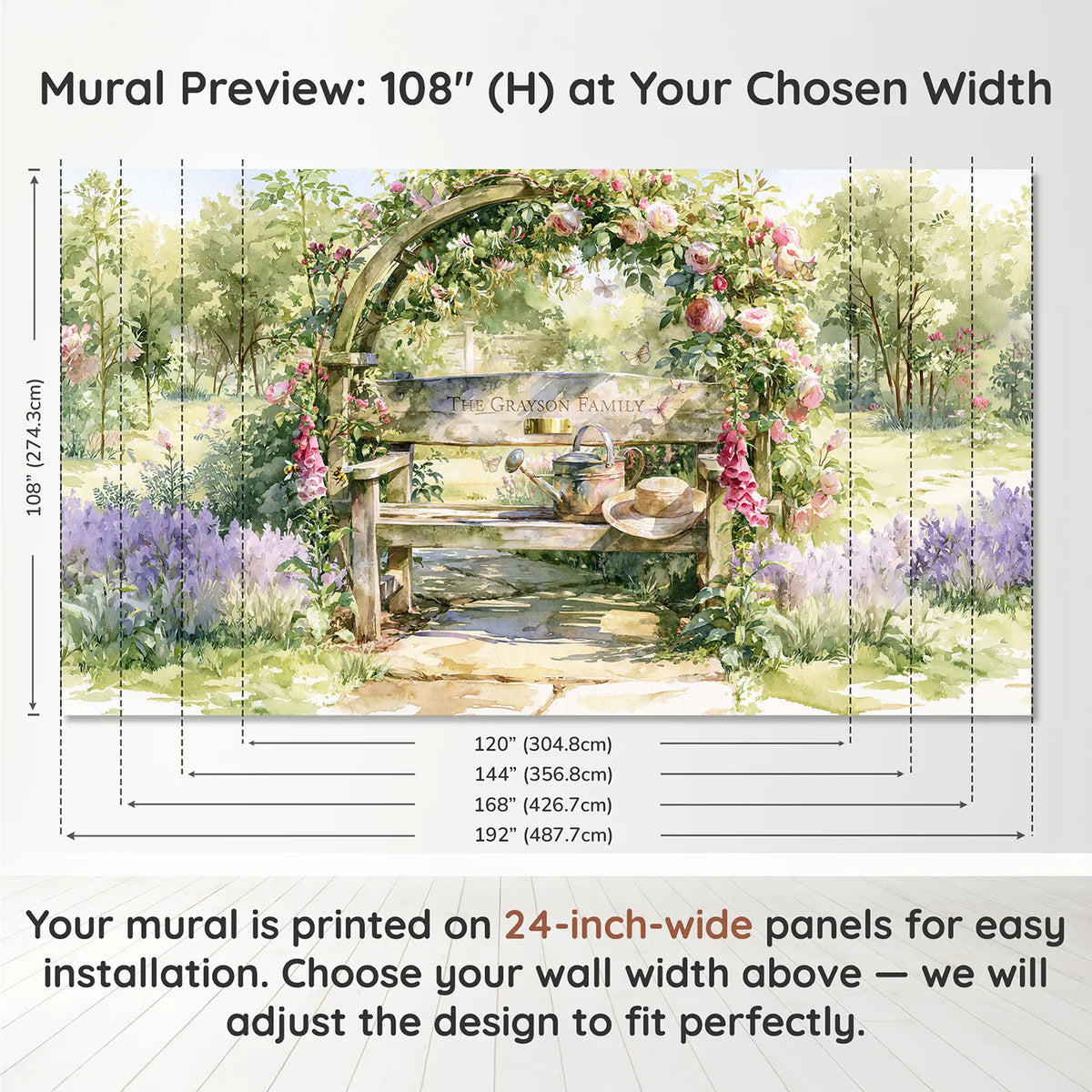 Panel layout and dimensions for Family Garden Bench Personalized Wall Mural by Whimsy Tots