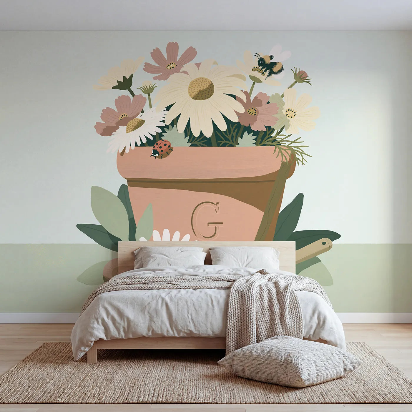 Modern illustration ladybird flowerpot personalized wall mural with pressed clay initial by Whimsy Tots