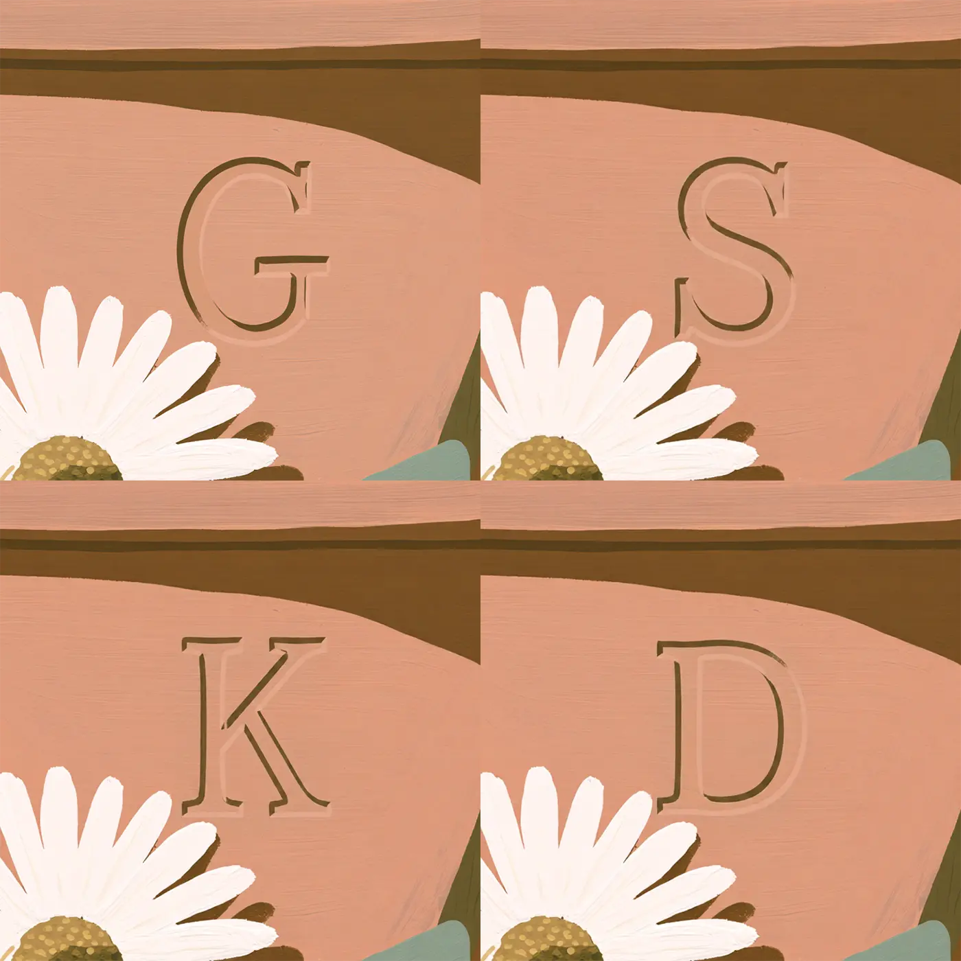 Four name preview examples of Flat Ladybird Flowerpot Personalized Wall Mural by Whimsy Tots